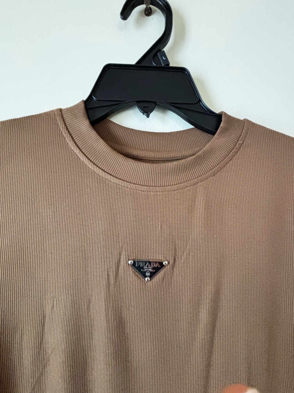 Prada Brown Ribbed Logo Tee with Silver Triangle one size - Picture 5 of 8